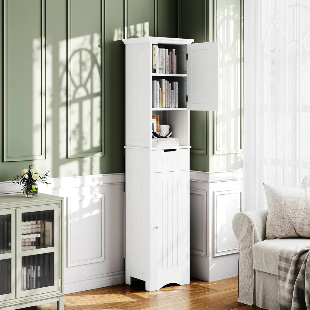 67" Tall White Bathroom Storage Cabinet with Adjustable Shelves V777