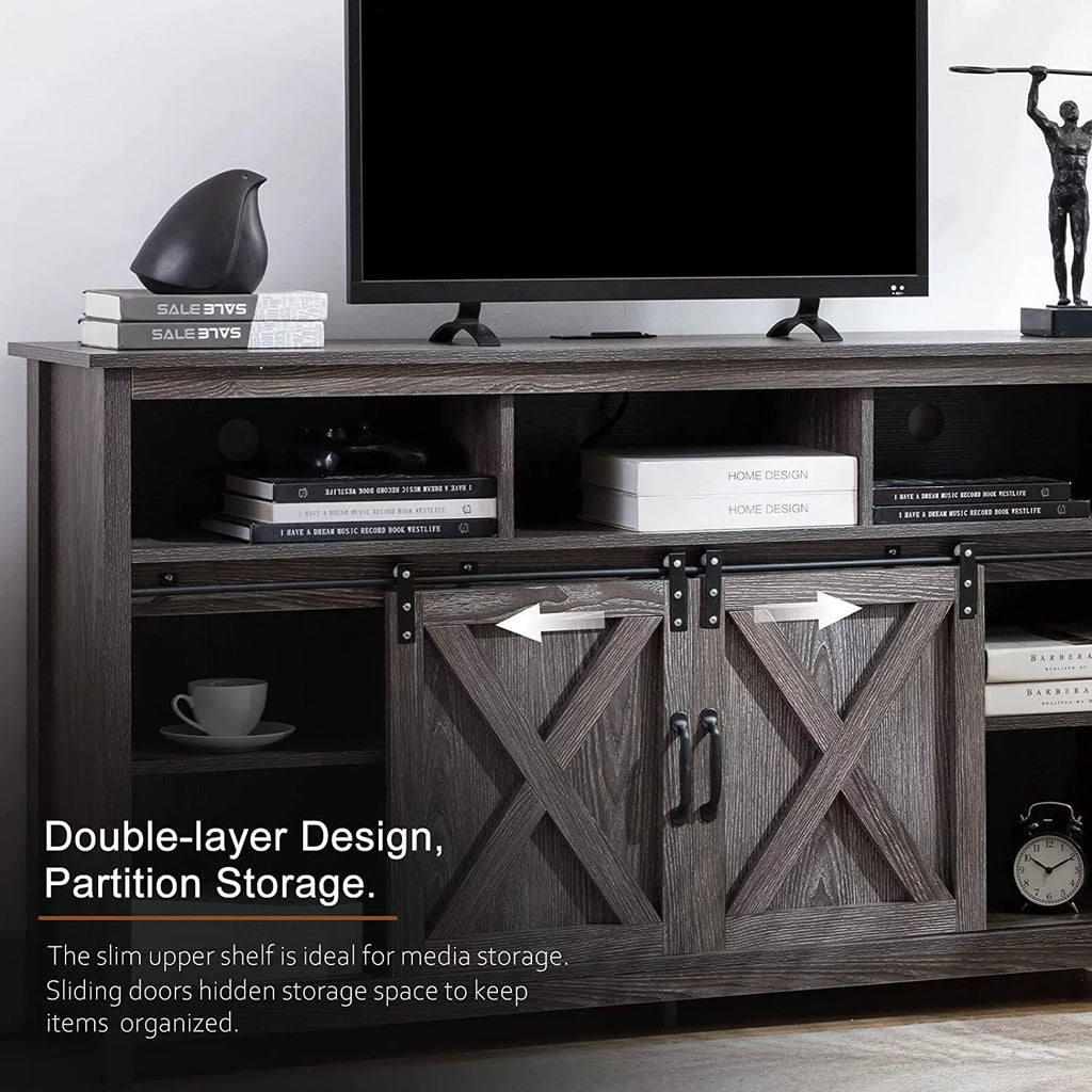 Farmhouse Barn Door TV Cabinet Media Console with Open Shelves White O9157