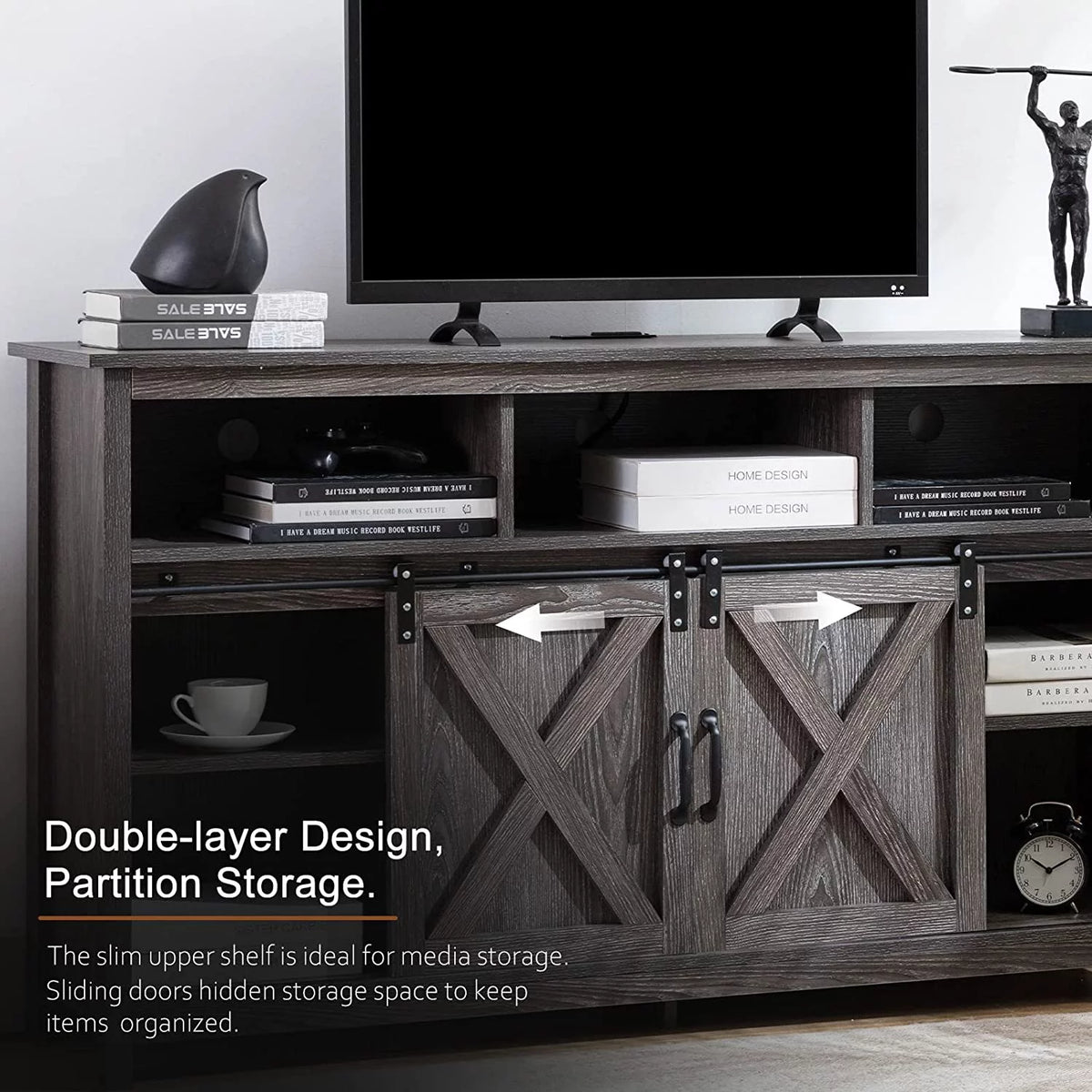 Farmhouse Barn Door TV Cabinet Media Console with Open Shelves White O9157