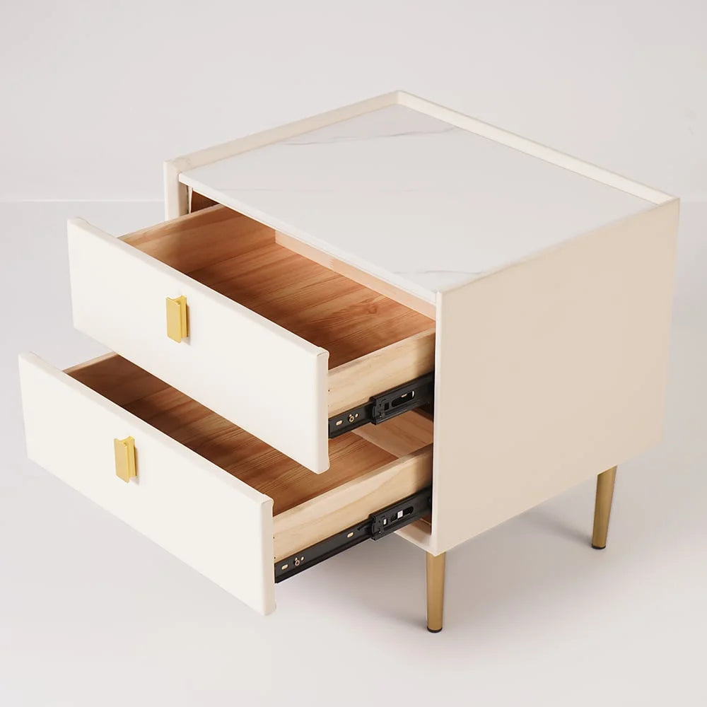 Modern 2 Drawers PU Leather Nightstand with Gold Metal Legs Q499300