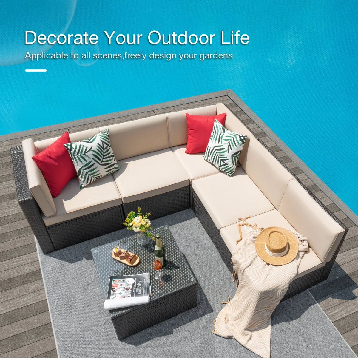 6 Pieces Wicker PE Rattan Sectional Sofa with Cushions X2485