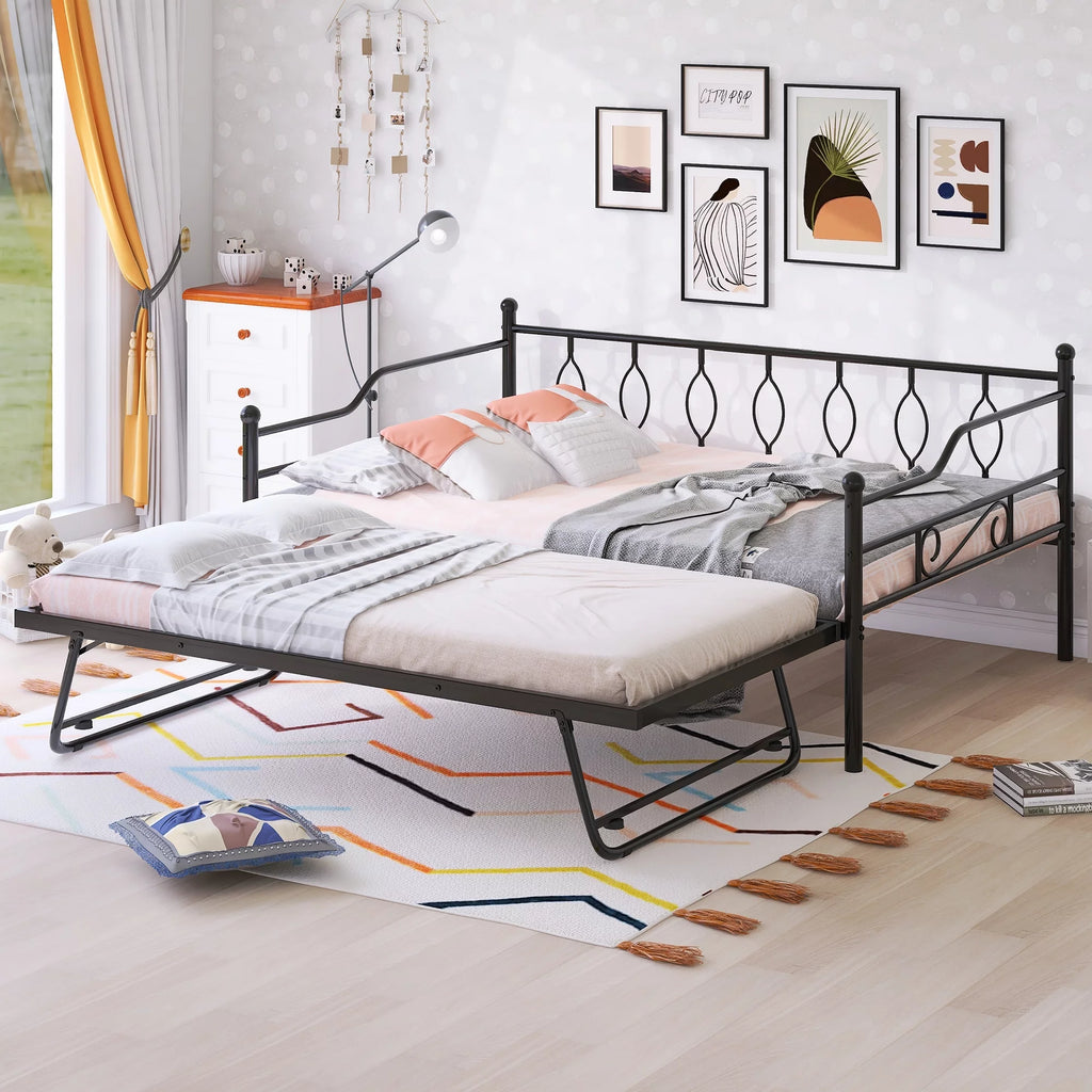 Full Size Black Metal Daybed with Twin Size Adjustable Trundle B65036