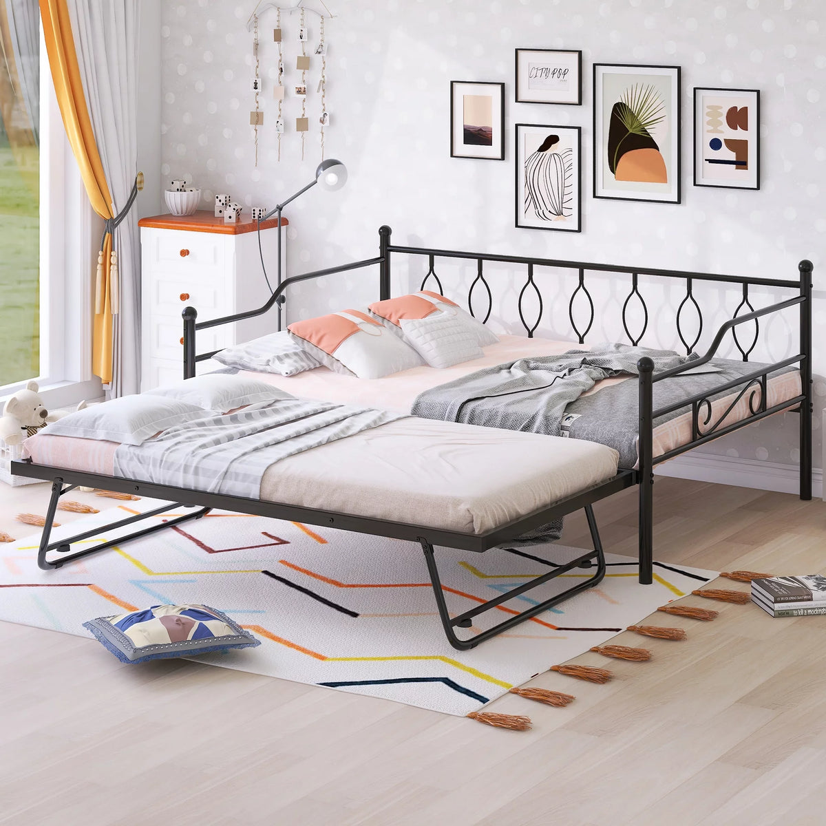 Full Size Black Metal Daybed with Twin Size Adjustable Trundle B65036