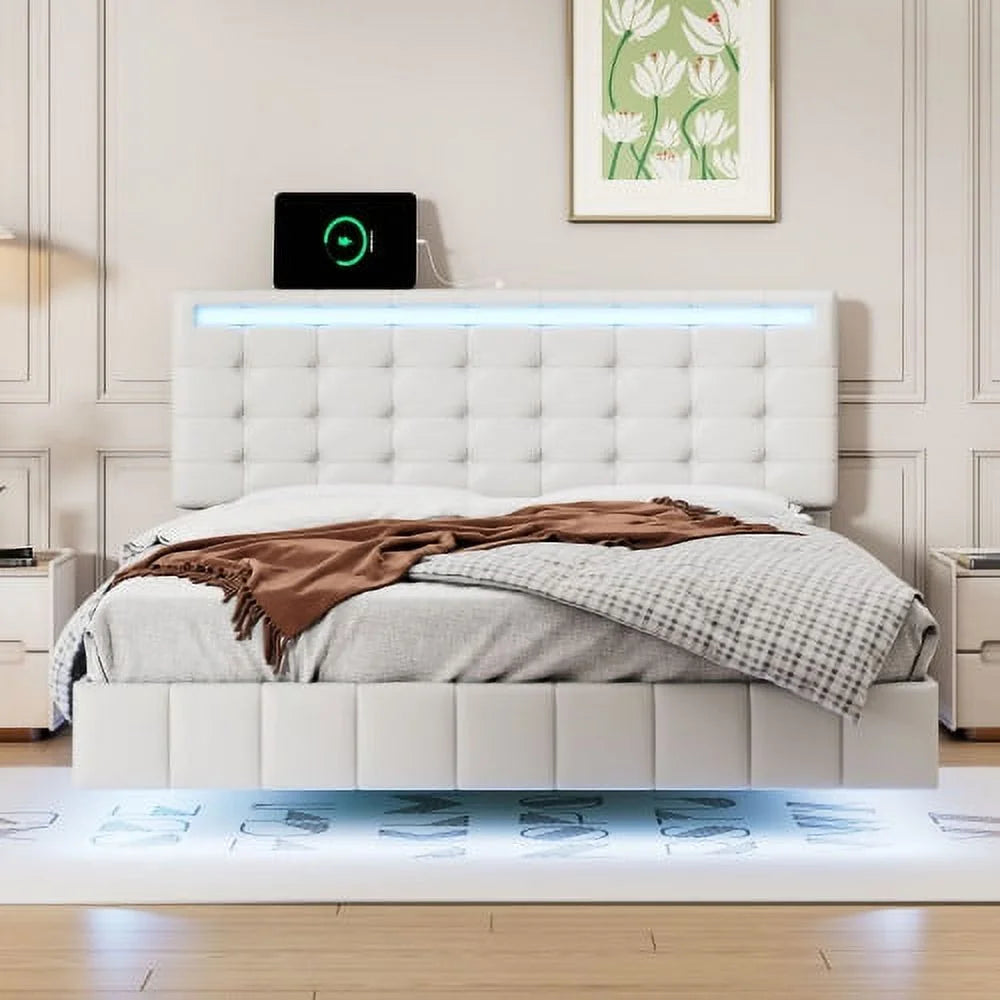 Full Size Black Upholstered Platform Bed Frame with LED Lights G451