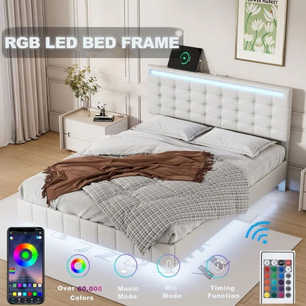 Full Size Black Upholstered Platform Bed Frame with LED Lights G451