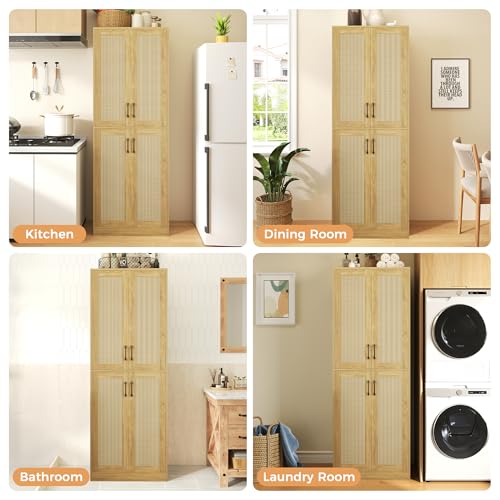 67" Tall Oak Rattan Storage Cabinet with Doors and Adjustable Shelves A70354