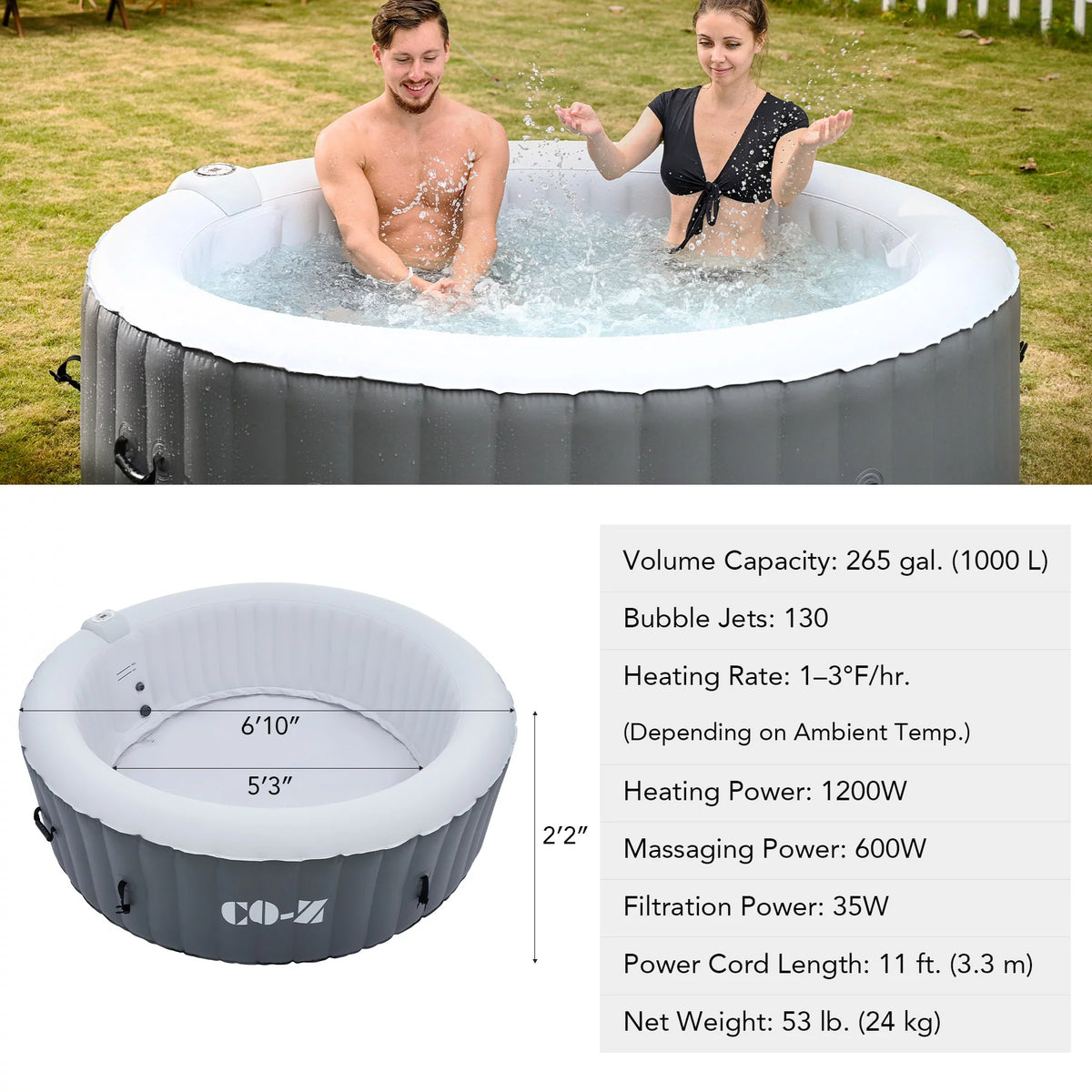 6 Person 7ft Inflatable Hot Tub Pool with Massage Jets Gray K122