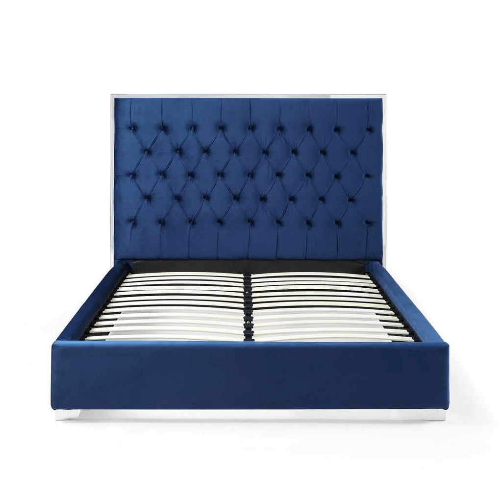 Blue Velvet King Bed with Metal Frame U429435