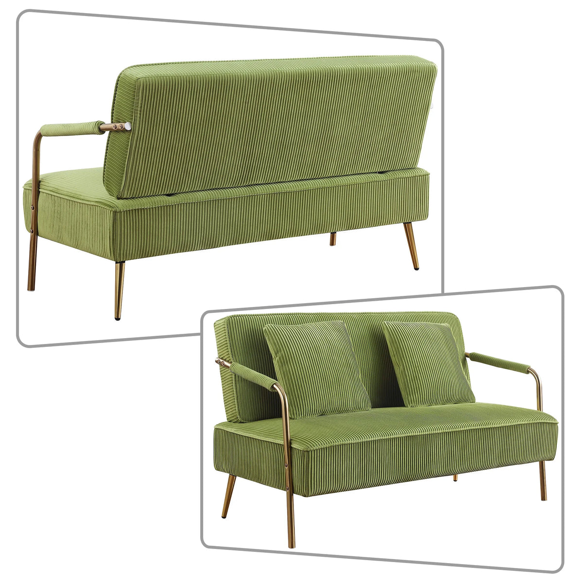 Olive Green Velvet Upholstered Loveseat Sofa with 2 Pillows K7574