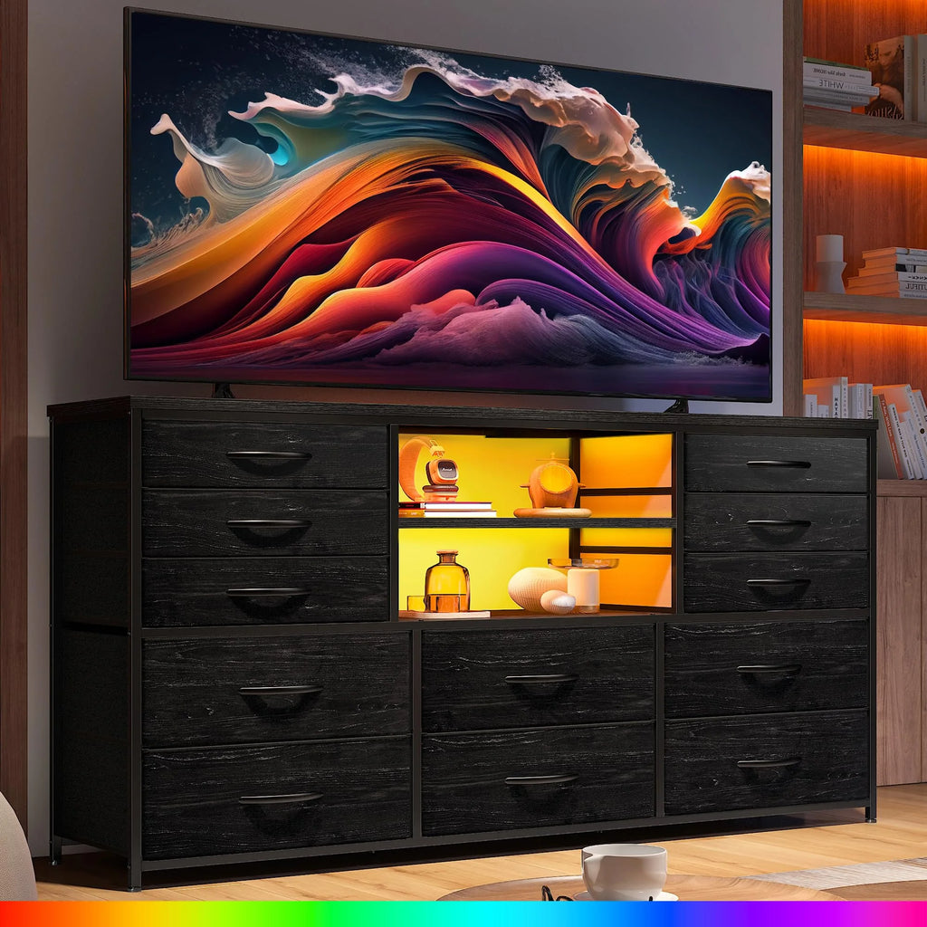 Black TV Stand with 12 Fabric Drawers B6239