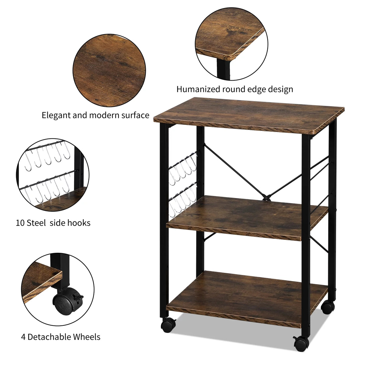 3-Tier Rolling Kitchen Cart with Metal Frame D119293