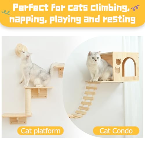 9pc Wooden Cat Wall Shelves with Condo Houses Perches Ladders and Scratching Posts H486