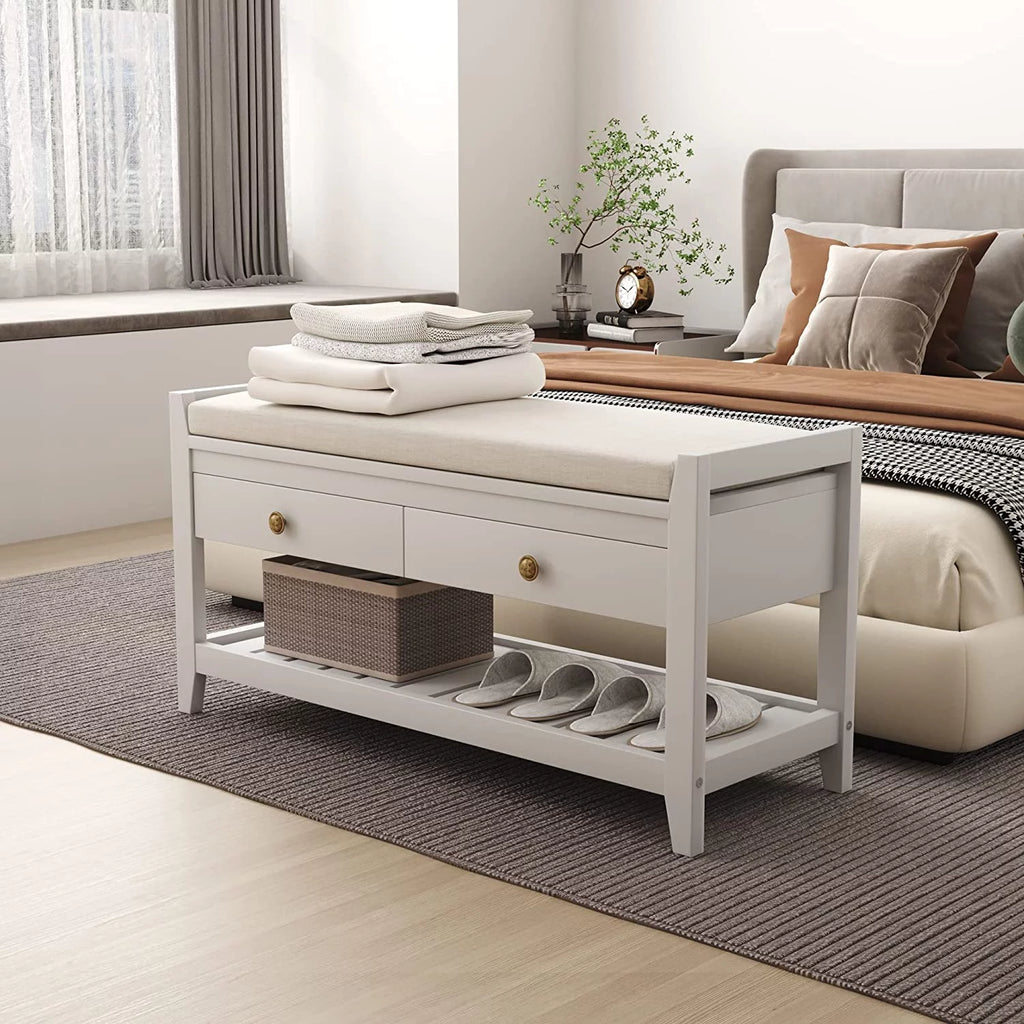 Blue Shoe Storage Bench with Cushioned Seat and 2 Drawers M709
