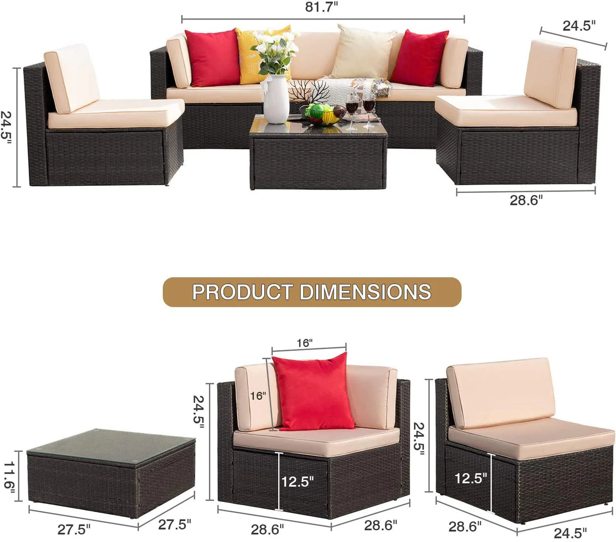 6 Pieces Wicker PE Rattan Sectional Sofa with Cushions X2485