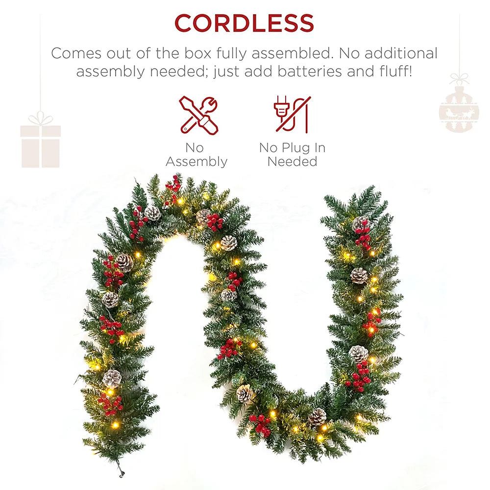9ft Pre-Lit Christmas Garland with 50 LED Light and Pine Cones and Berries R740727