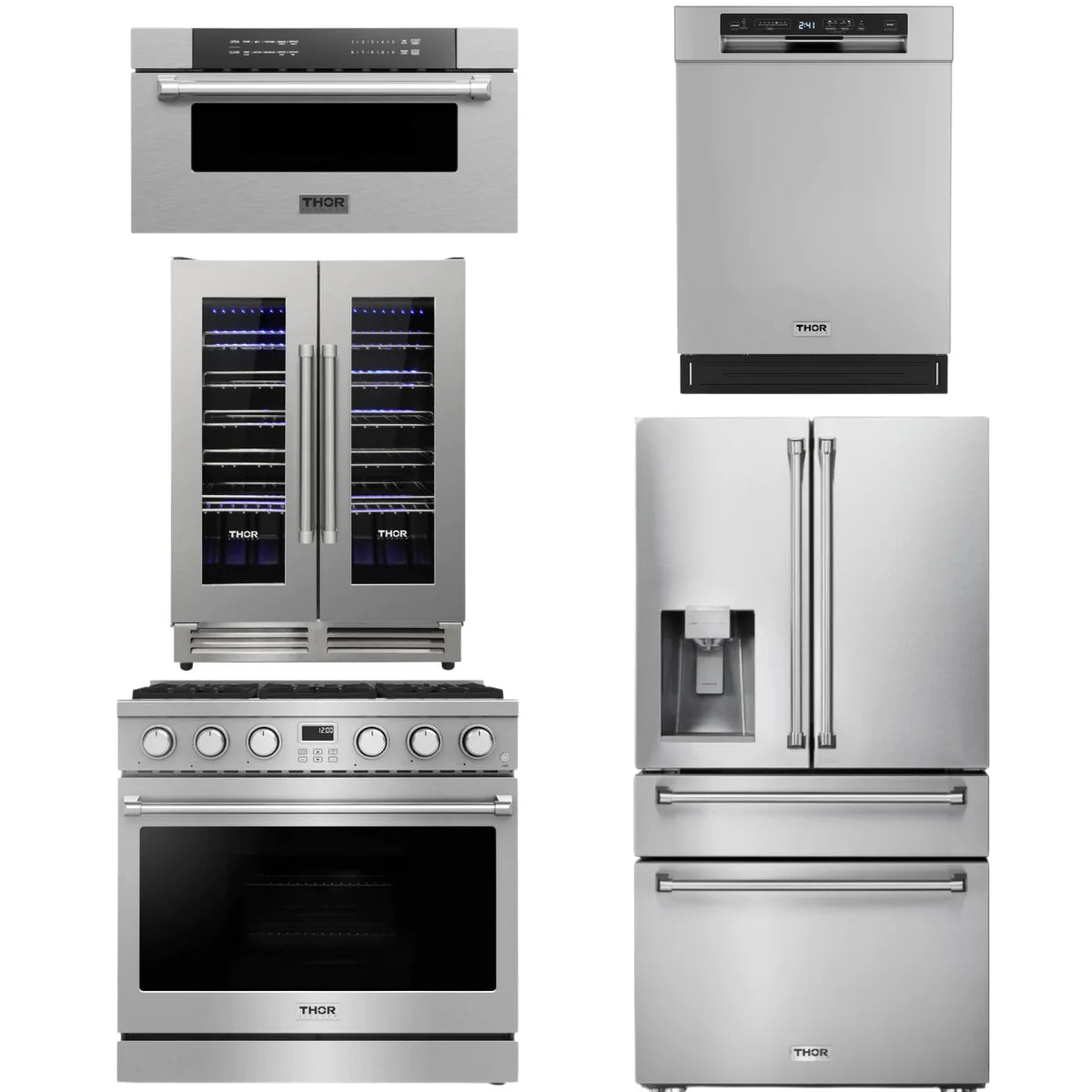 36 Gas Range, Refrigerator, Dishwasher, Microwave and Wine Cooler A998