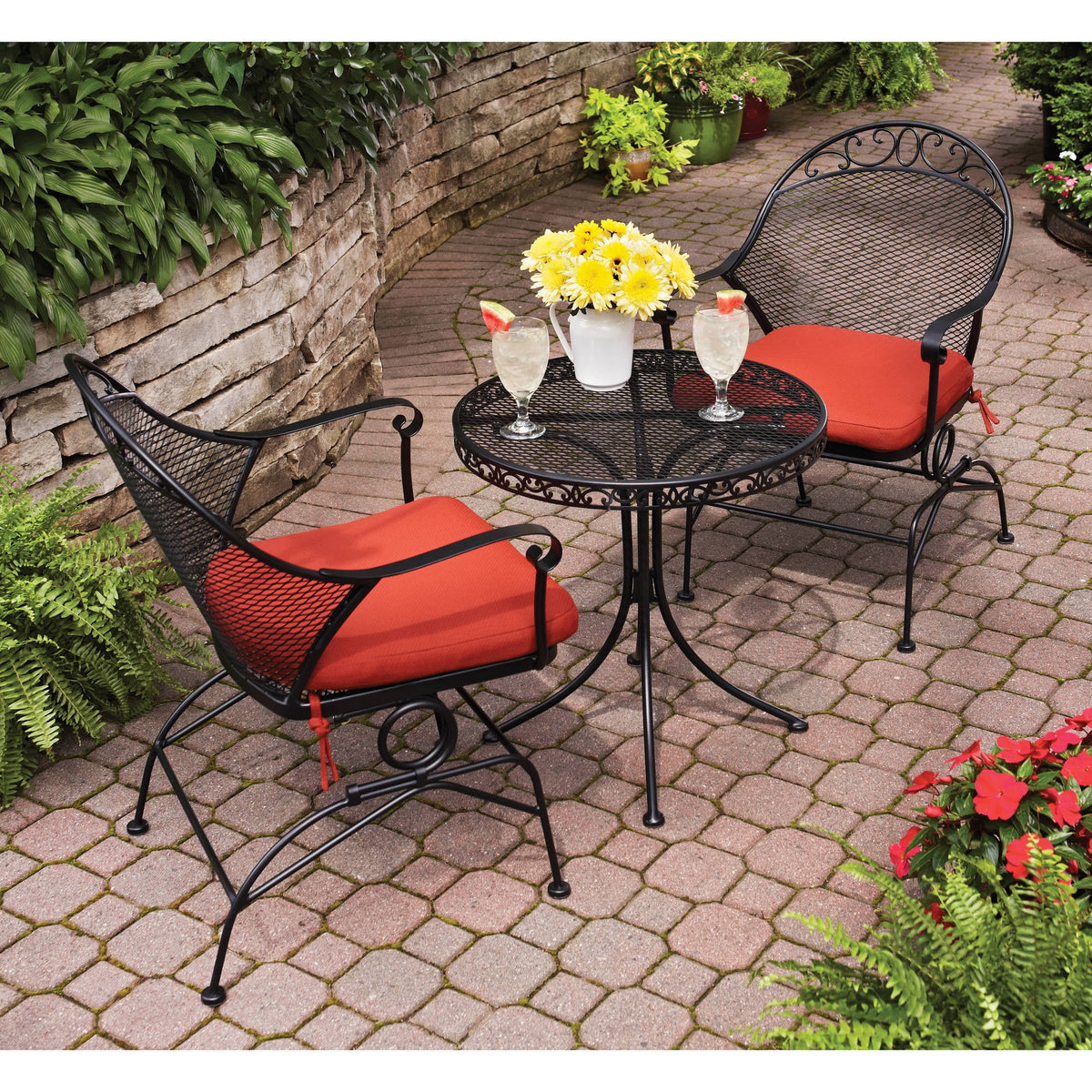 3-Piece Outdoor Metal Bistro Set with Red Cushion Y239524