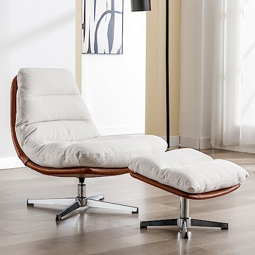 Cream Linen Swivel Accent Chair with Ottoman Q4315