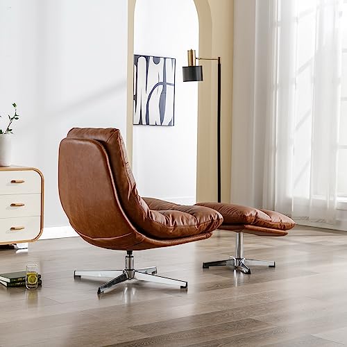 Cream Linen Swivel Accent Chair with Ottoman Q4315